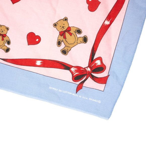 Vintage 80's Cotton Bandana Scarf | Hearts, Ribbon, Teddy Bears Pink Red + Blue - Picture 3 of 5